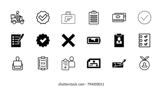 Check icons. set of 18 editable filled and outline check icons: check, tick, cancel, broken battery, stamp, medal, credit card, courier on motorcycle, blood pressure measure