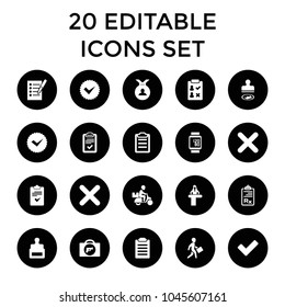 Check icons. set of 20 editable filled check icons such as briefcase with weapon, airport desk, stamp, medal, tick, clipboard. best quality check elements in trendy style.