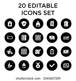 Check icons. set of 20 editable filled check icons such as stamp, shield, chess board, credit card, clipboard. best quality check elements in trendy style.