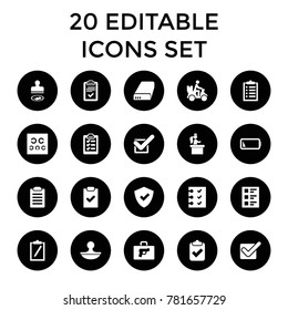 Check icons. set of 20 editable filled check icons such as shield, clipboard with tick, clipboard, courier on motorcycle. best quality check elements in trendy style.