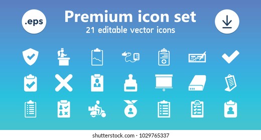 Check icons. set of 21 editable filled check icons includes stamp, clipboard, shield, check, clipboard with tick, tick, blood pressure, cancel, battery, airport desk, medal