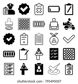 Check icons. set of 25 editable filled and outline check icons such as airport desk, tick, chess board, clipboard, medical clipboard, doctor prescription, ful battery