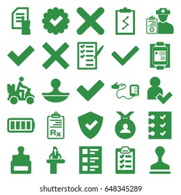 Check icons set. set of 25 check filled icons such as airport desk, stamp, medal, pointing on document, check list, courier on motorcycle, tick, blood pressure measure
