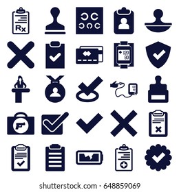 Check icons set. set of 25 check filled icons such as briefcase with weapon, airport desk, stamp, medal, clipboard, medical clipboard, blood pressure measure, eye test