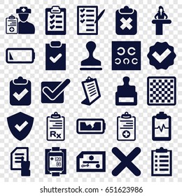 Check icons set. set of 25 check filled icons such as airport desk, stamp, pointing on document, clipboard, heartbeat clipboard, check list, blood pressure measure, eye test