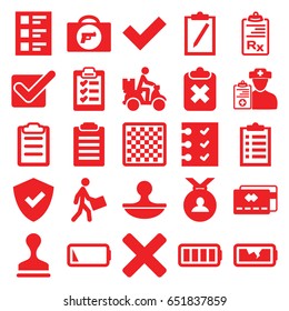 Check icons set. set of 25 check filled icons such as briefcase with weapon, medal, stamp, courier, courier on motorcycle, doctor prescription, clipboard, checklist