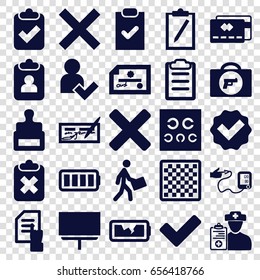 Check icons set. set of 25 check filled icons such as briefcase with weapon, stamp, pointing on document, board, courier, tick, eye test, doctor prescription, blood pressure