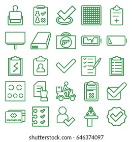 Check icons set. set of 25 check outline icons such as briefcase with weapon, airport desk, stamp, pointing on document, board, check list, courier on motorcycle, clipboard