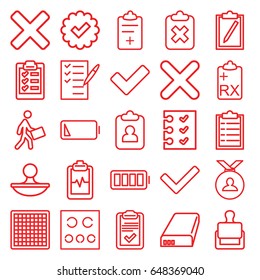 Check icons set. set of 25 check outline icons such as stamp, medal, heartbeat clipboard, check list, courier, tick, clipboard, eye test, checklist, cross, battery