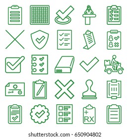 Check icons set. set of 25 check outline icons such as airport desk, clipboard, stamp, courier on motorcycle, blood pressure measure, cancel, checklist, battery, shield, tick