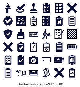 Check icons set. set of 36 check filled icons such as briefcase with weapon, airport desk, stamp, clipboard, heartbeat clipboard, check list, courier, blood pressure measure