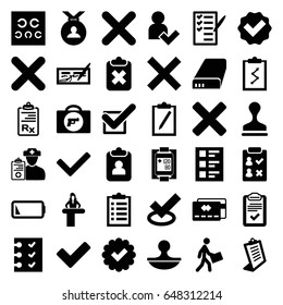 Check icons set. set of 36 check filled icons such as briefcase with weapon, airport desk, medal, clipboard, stamp, check list, courier, tick, blood pressure measure, eye test