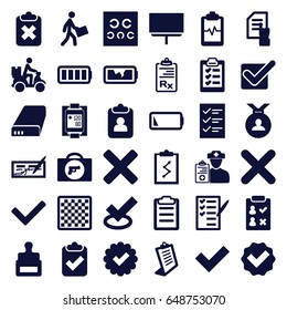 Check icons set. set of 36 check filled icons such as briefcase with weapon, stamp, medal, pointing on document, clipboard, board, heartbeat clipboard, check list, courier