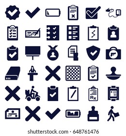 Check icons set. set of 36 check filled icons such as briefcase with weapon, airport desk, stamp, medal, pointing on document, board, courier, courier on motorcycle, tick