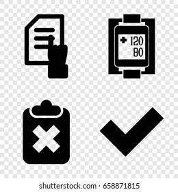 Check icons set. set of 4 check filled icons such as pointing on document, blood pressure measure, tick
