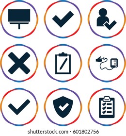 check icons set. Set of 9 check filled icons such as board, blood pressure, clipboard, add user, tick, cross