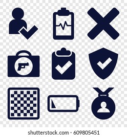 Check icons set. set of 9 check filled icons such as briefcase with weapon, medal, heartbeat clipboard, low battery, add user, cross, chess board, shield