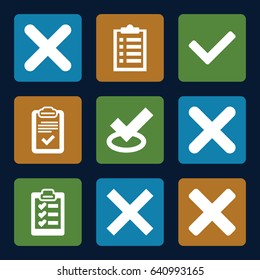 Check icons set. set of 9 check filled icons such as clipboard, cancel, cross, tick