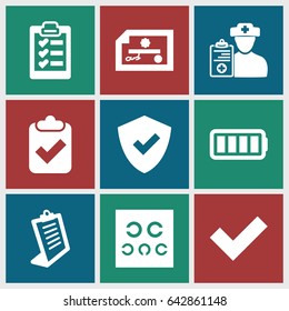 Check icons set. set of 9 check filled icons such as clipboard, eye test, doctor prescription, ful battery, tick, shield, check