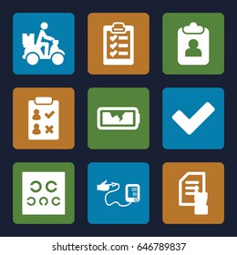 Check icons set. set of 9 check filled icons such as pointing on document, courier on motorcycle, tick, eye test, blood pressure, broken battery, clipboard
