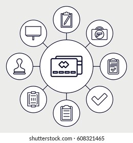 Check icons set. set of 9 check outline icons such as briefcase with weapon, stamp, board, tick, clipboard, blood pressure measure