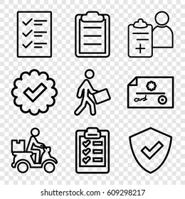 Check icons set. set of 9 check outline icons such as courier, courier on motorcycle, doctor prescription, clipboard, checklist, shield, check