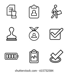 Check icons set. set of 9 check outline icons such as medal, pointing on document, stamp, heartbeat clipboard, courier, ful battery, tick