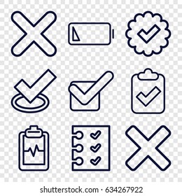 Check icons set. set of 9 check outline icons such as heartbeat clipboard, checklist, tick, cross, low battery