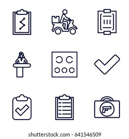 Check icons set. set of 9 check outline icons such as briefcase with weapon, airport desk, courier on motorcycle, tick, blood pressure measure, eye test, clipboard with tick