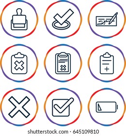 Check icons set. set of 9 check outline icons such as stamp, clipboard, medical clipboard, low battery, tick, check, clipboard with cross