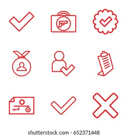 Check icons set. set of 9 check outline icons such as briefcase with weapon, medal, clipboard, add user, tick, cross