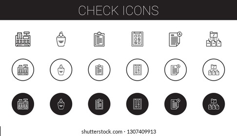 check icons set. Collection of check with cash register, highlighter, test, tasks, exam, file. Editable and scalable check icons.