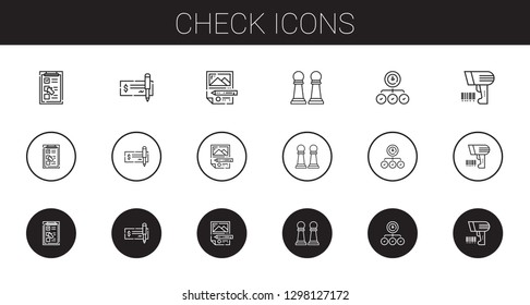 check icons set. Collection of check with checklist, planning, pawn, task, scanning. Editable and scalable check icons.