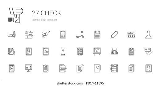 check icons set. Collection of check with checklist, agenda, exam, file, clipboard, planning, agreement, board, list, chess piece, tasks, report. Editable and scalable check icons.