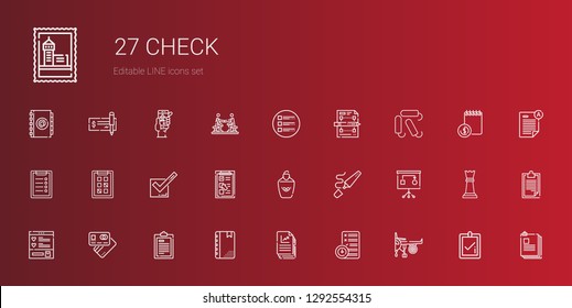 check icons set. Collection of check with engine, planning, file, agenda, test, debit card, wishlist, highlighter, checklist, tick, tasks, clipboard. Editable and scalable check icons.