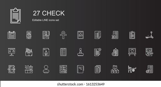 check icons set. Collection of check with file, files, agenda, wishlist, rubber stamp, airport, planning, clipboard, exam, stamp, task, tasks. Editable and scalable check icons.