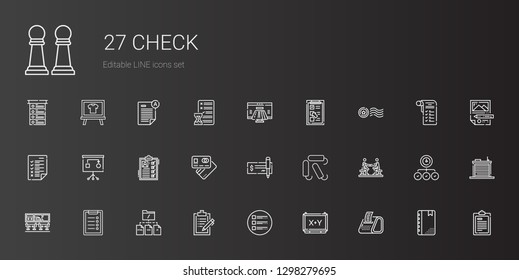 check icons set. Collection of check with receipt, board, list, clipboard, file, airport, agreement, tampon, debit card, planning, tasks, stamp. Editable and scalable check icons.
