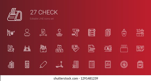 check icons set. Collection of check with tasks, clipboard, planning, duty, highlighter, check in, text editor, file, debit card, files, agreement. Editable and scalable icons.