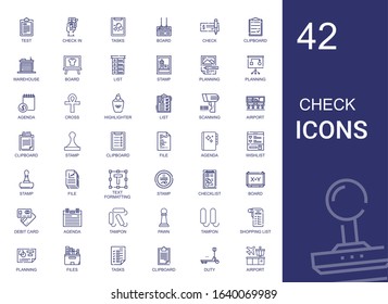 check icons set. Collection of check with test, check in, tasks, board, clipboard, warehouse, list, stamp, planning, agenda, cross, highlighter. Editable and scalable icons.