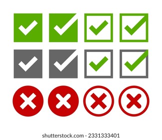 Check and incorrect icons check boxes. A green tick, a red cross in a square or circle. Yes or no - vector illustration.