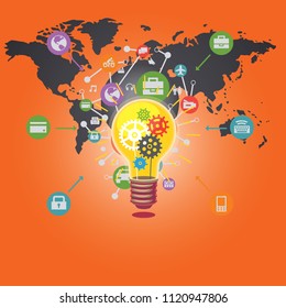 Check innovative idea icon. vector illustration on orange background behind is earch map
