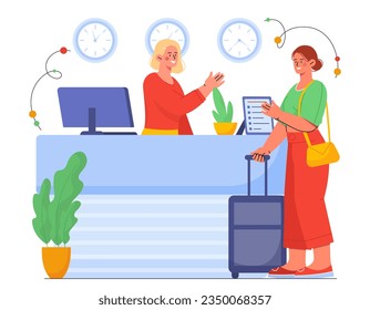 Check into hotel concept. Woman with suitcase chatting at reception. Young girl with receptionist. Travel and tourism, holiday and vacation. Character booking room. Cartoon flat vector illustration