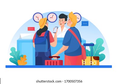 Check into a hotel. Young couple with suitcases is standing at the reception desk