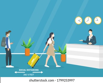 Check into a hotel. Young man and woman wearing mask with suitcases is standing at the reception desk. Travel safely concept. Vector illustration in flat style