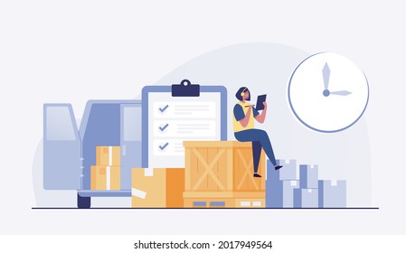 Check inventories before shipping.   Car delivery with modern moving boxes with success tablet document. vector illustration