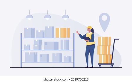 Check inventories before shipping.   Warehouse worker checking inventory levels of goods on shelf. vector illustration