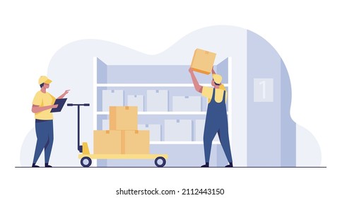 Check inventories before shipping.   Warehouse worker checking boxes. Distribution and Delivery Storage concept.