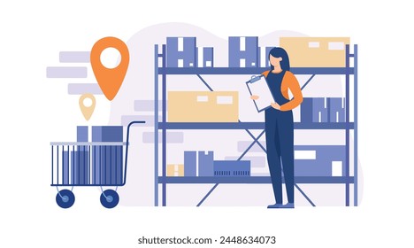 Check inventories before shipping. Warehouse worker checking inventory levels of goods on shelf. vector illustration