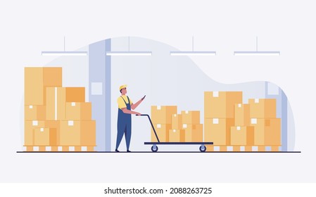 Check inventory before shipping. inventory check Warehouse worker checking a box with a cart or trolleys.