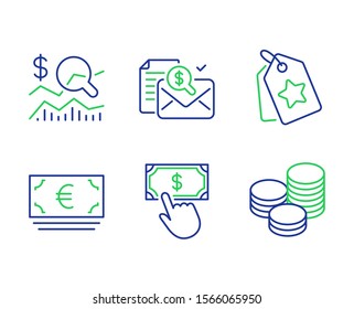 Check investment, Accounting report and Euro currency line icons set. Payment click, Loyalty tags and Tips signs. Business report, Check finance, Eur banking. Financial transfer. Finance set. Vector